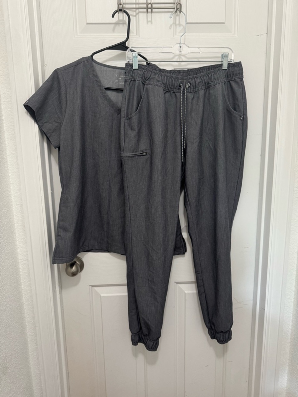 Jaanuu Charcoal Gray Scrub Jogger Set - V-Neck Top & Drawstring Pants